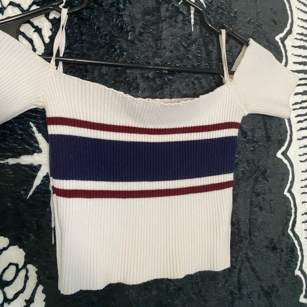 Striped Off-Shoulder Sweater - Cream, Blue, and Red